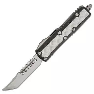 Microtech Signature Series Daytona AUTO OTF Knife 3.125" Stonewashed Hellhound Tanto Blade, Black Bubble Titanium Inlays