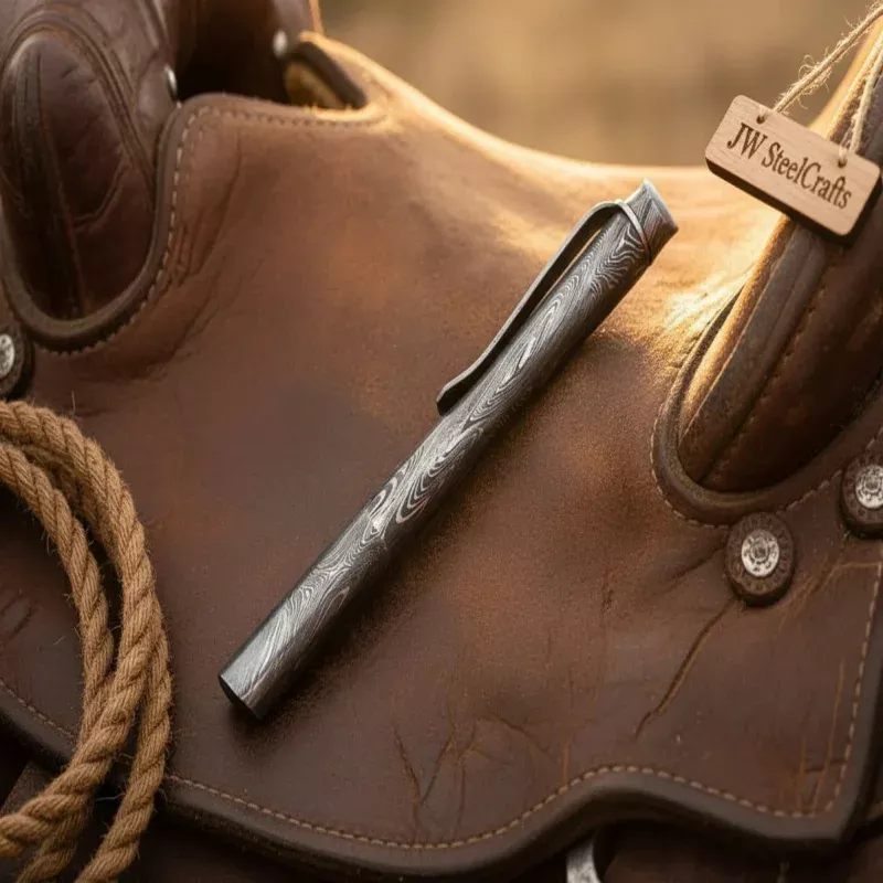 Minimalist Damascus Ballpoint Pen with Monolithic Forged Body