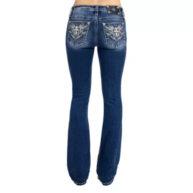 MISS ME Women's Flame Cross and Heart Embellished Pockets Dark Blue 32L Mid-Rise Bootcut Jeans (M9535BV)