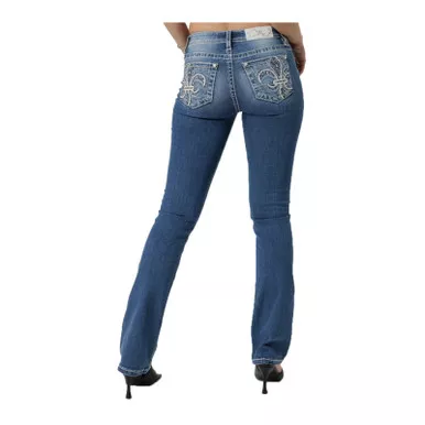 MISS ME Womens Vernal Fleur De Lis Abstact Stitch 32L Mid-Rise Medium Blue Bootcut Jeans (M9312BV)