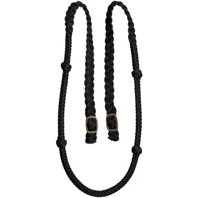 MUSTANG 3/4in x 7ft Cable Knotted Nylon Black Rein with Solid Brass Conway Buckles (8177-D)
