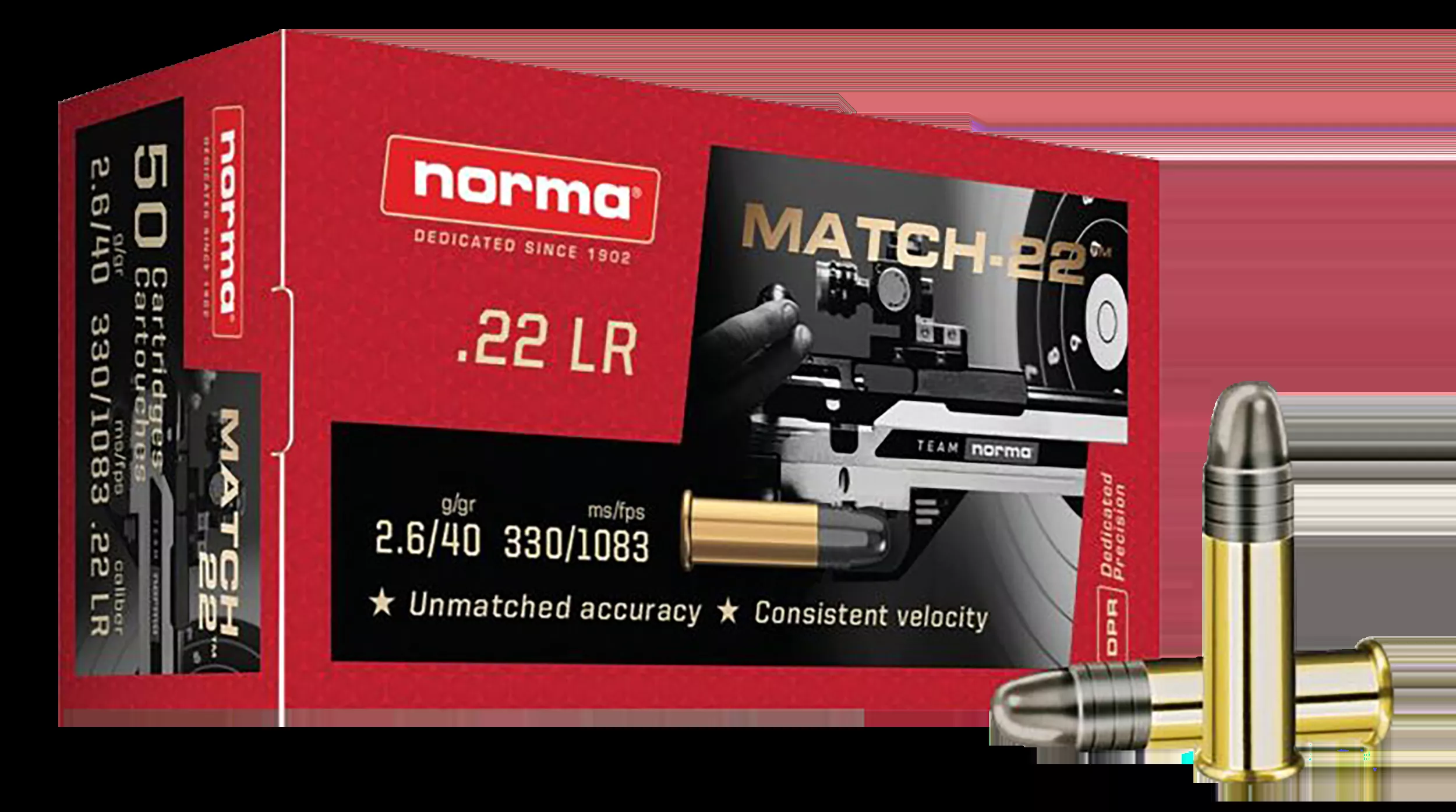 Norma Ammunition Dedicated Precision Match 22 LR 40 gr Lead Round Nose 50 Per Box