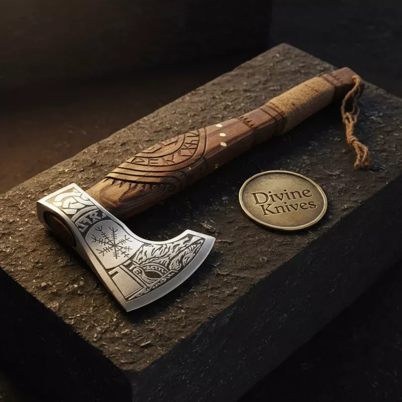 Norse Engraved Viking AxeHand-Forged Hatchet with Runic Carved Handle