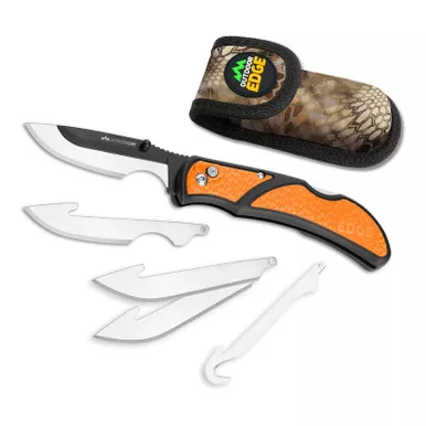 Outdoor Edge RCB30-10C RazorCape™ Replaceable Blade Caping Knife 420J2 Plain Edge Blades, Orange GFN/TPR Handle and Kryptek Sheath