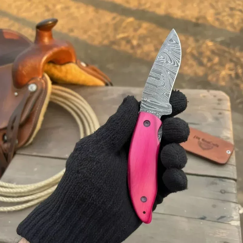 Pink Pakka Wood Damascus Folding Knife 7 Handmade Persian EDC Pocket Knife