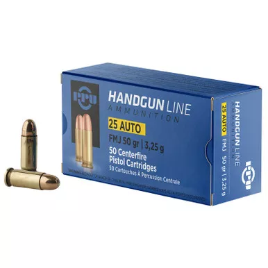 PPU PPH25 Handgun 25ACP 50gr Full Metal Jacket 50 Per Box/20 Case