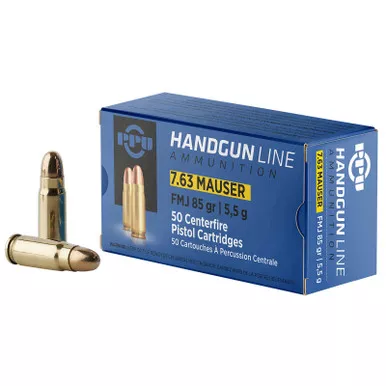 PPU PPH763 Handgun 7.63mmMauser 85gr Full Metal Jacket 50 Per Box/10 Case