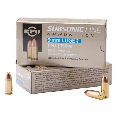 PPU PPS9MM Subsonic 9mmLuger Subsonic 158gr Full Metal Jacket 50 Per Box/20 Case