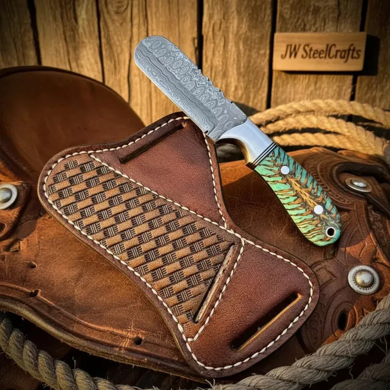 Prairie Fire Bull Cutter Knife 7 Green Pinecone Handle Steel Bolster Full Tang Cross Draw