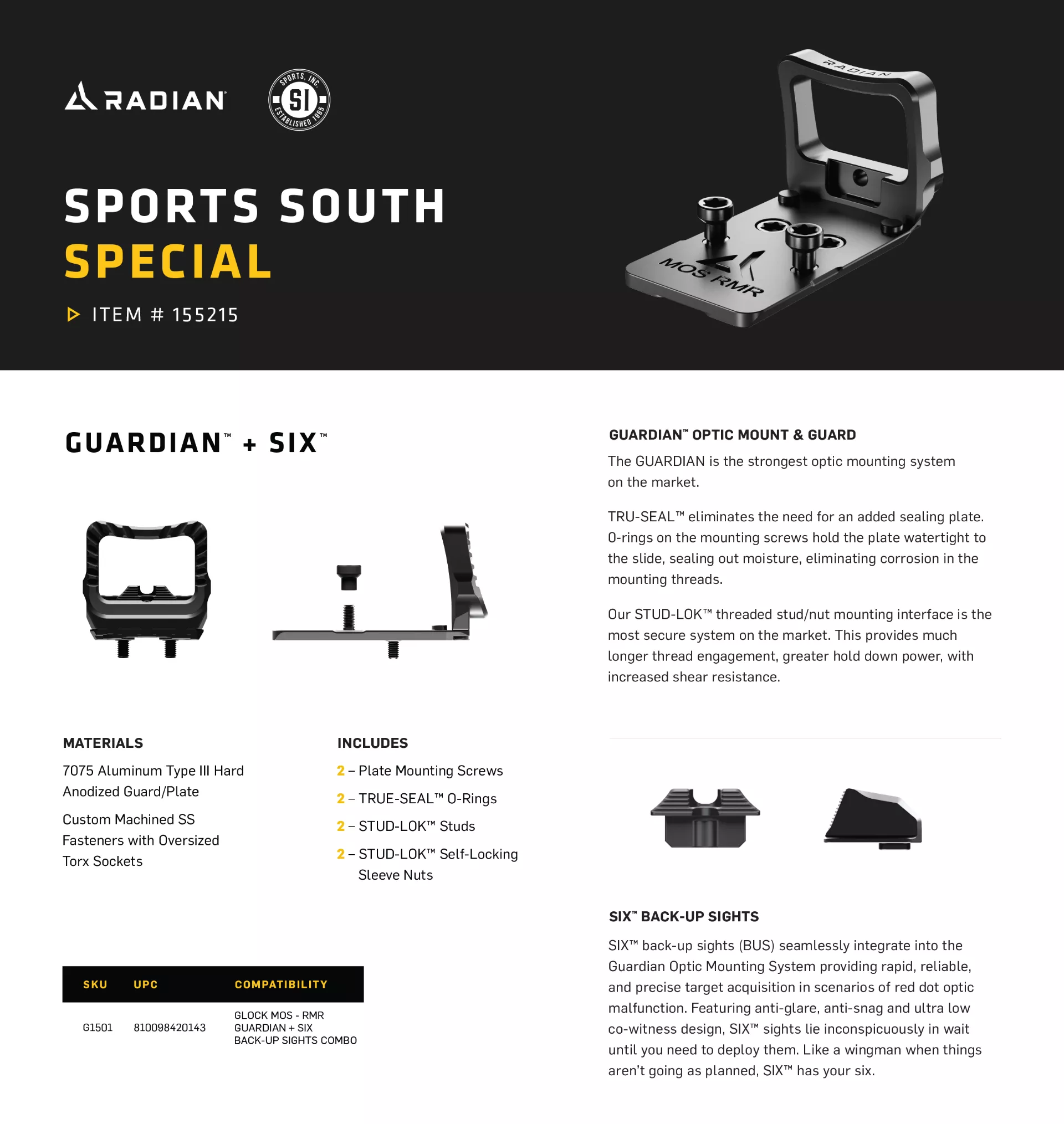 Radian Weapons Guardian Optic Guard w/Stealth Sights, Black, RMR Mount Compatible w/Glock MOS Handgun