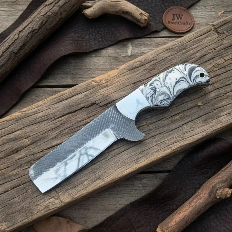 Rasp Steel Bull Cutter Knife 7 White and Black Marble Resin Handle