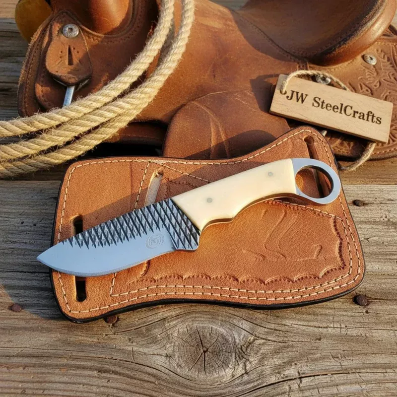 Rasp Steel Skinner Knife 7 White Resin Handle Finger Ring Cowboy Sheath