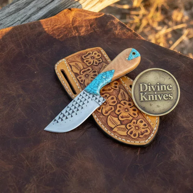 Rasp Steel Skinning Knife with Turquoise HandleHandcrafted Recycled File Blade with Fish Sheath