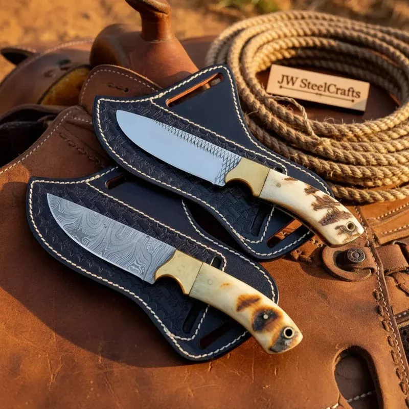 Saddleback Damascus Skinner Pair Knife 9 Handmade Matching Knives with Ram Horn Handles