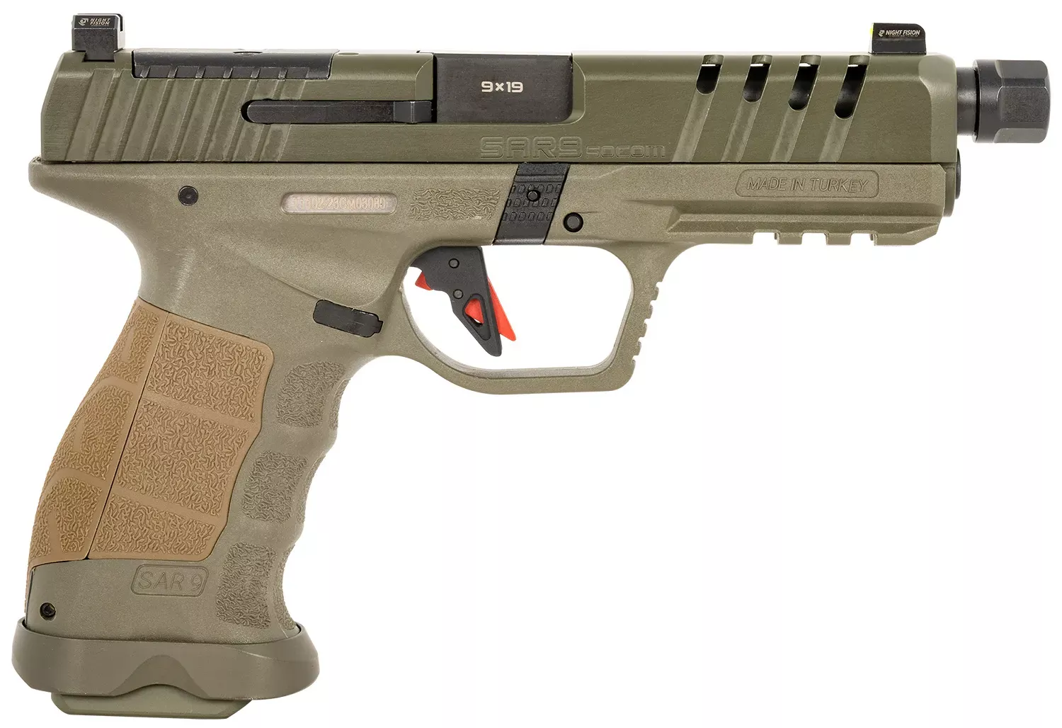 SAR SAR9 SOCOM 9mm 17+1/21+1 5.20" Threaded Barrel Steel Slide Syn Frame Night Sights Pic Rail Optic Ready OD SAO SAR9SOCOMOD