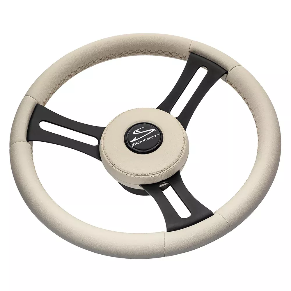 Schmitt Marine Torcello Elite 14″ Wheel – Beige Leather & Cap – White Stitching – Black SS Spokes – 3/4″ Tapered Shaft
