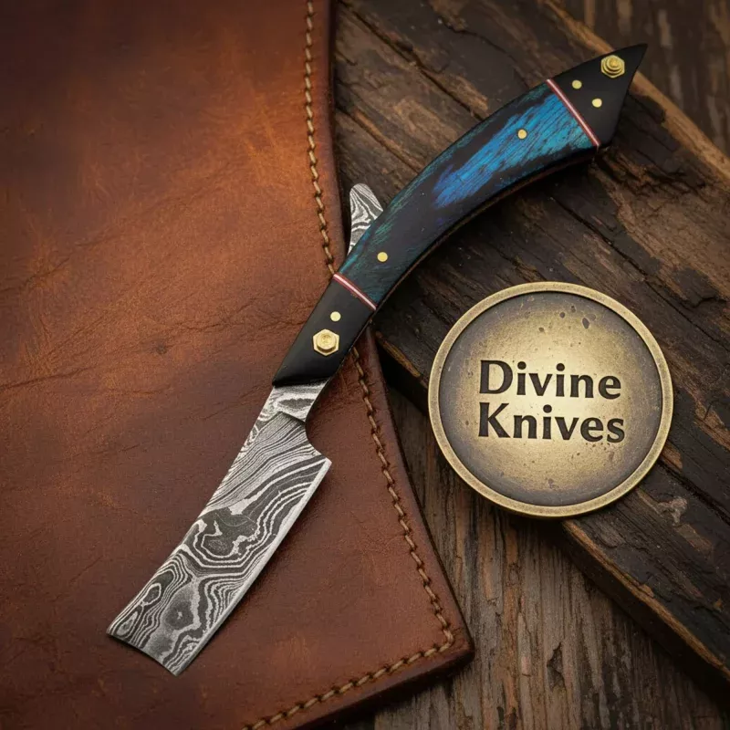 Scrimshaw Damascus Straight Razor with Bone HandleHandcrafted Cut-Throat Razor with Nautical Art