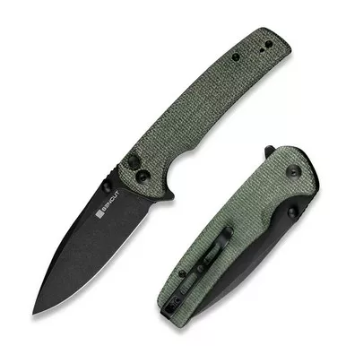 SENCUT S21007-2 Sachse Flipper/Thumb Stud Folding Knife 3.47" Black 9Cr18MoV Drop Point Plain Edge Blade, Green Micarta Handle