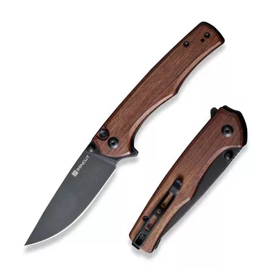 SENCUT S21012-5 Crowley Flipper/Thumb Stud Folding Knife 3.48" Black D2 Drop Point Plain Edge Blade, Guibourtia Wood Handle