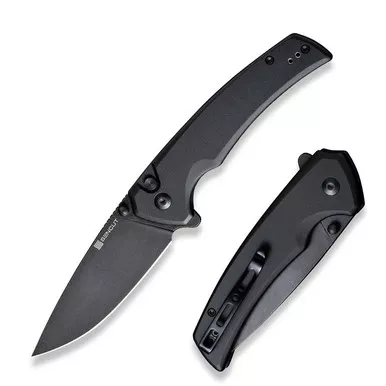 SENCUT S21022B-1 Serene Flipper/Thumb Stud Folding Knife 3.48" Black D2 Drop Point Plain Edge Blade, Black Aluminum Handle