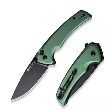 SENCUT S21022B-5 Serene Flipper/Thumb Stud Folding Knife 3.48" Black D2 Drop Point Plain Edge Blade, Green Aluminum Handle