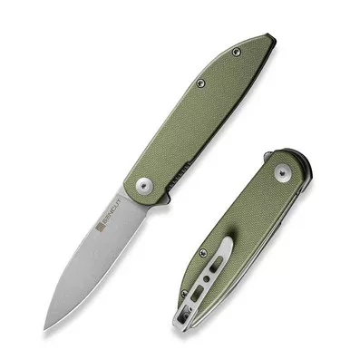 SENCUT S22019-4 Bocll II Flipper Folding Knife 2.96" Stonewash D2 Drop Point Plain Edge Blade, OD Green G10 Handle