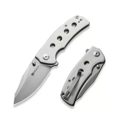 SENCUT S23068-2 Excalis Flipper/Thumb Stud Folding Knife 2.97" Satin 9Cr18MoV Reverse Tanto Plain Edge Blade, White G10 Handle