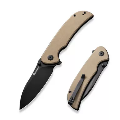 SENCUT S23077-2 Borzam Flipper/Thumb Stud Folding Knife 3.46" Black 9Cr18MoV Drop Point Plain Edge Blade, Tan G10 Handle