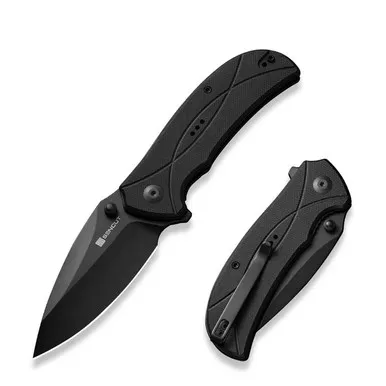 SENCUT S23097-1 Hyrax Flipper/Thumb Stud Folding Knife 3.30" Black 9Cr18MoV Leaf Shaped Plain Edge Blade, Black G10 Handle