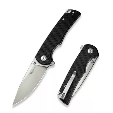 SENCUT S24019-1 Praktisk Flipper/Thumb Stud Folding Knife 3.59" Satin 9Cr18MoV Drop Point Plain Edge Blade, Black G10 Handle