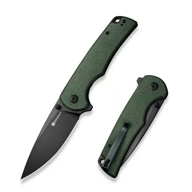 SENCUT S24019-3 Praktisk Flipper/Thumb Stud Folding Knife 3.59" Black 9Cr18MoV Drop Point Plain Edge Blade, Green Canvas Micarta Handle