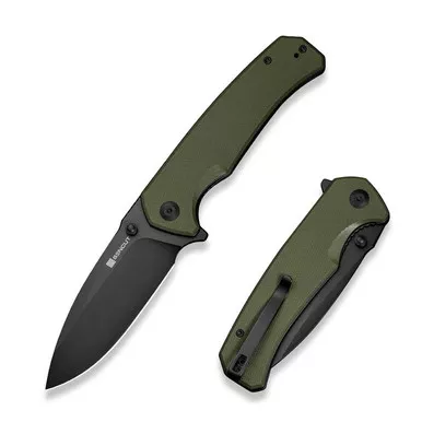 SENCUT S24025-2 Skarnax Flipper/Thumb Stud Folding Knife 3.79" Black 9Cr18MoV Drop Point Plain Edge Blade, OD Green G10 Handle