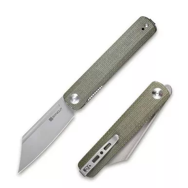 SENCUT SA08B Bronte Front Flipper Folding Knife 3.38" Stonewash 9Cr18MoV Reverse Tanto Plain Edge Blade, Green Micarta Handle