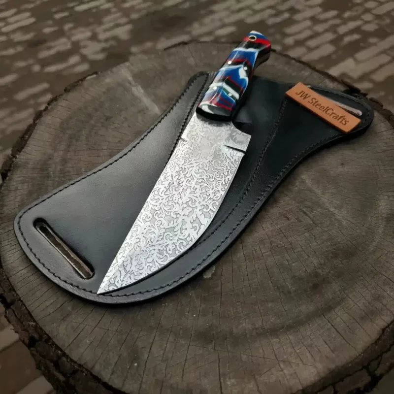 Serbian Utility Knife 9Acid Etched Blade with Resin Handle & Leather Sheath