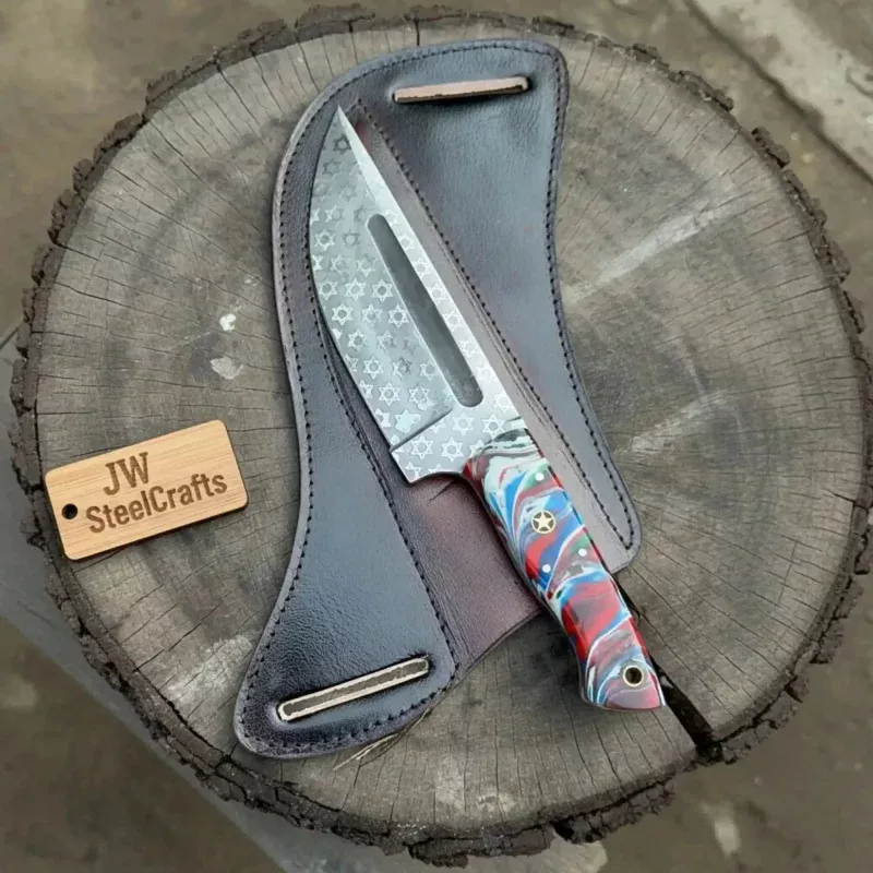 Serbian Utility Knife 9Etched Blade with Resin Handle & Pancake Leather Sheath