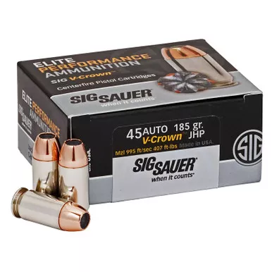 Sig Sauer E45AP050 Elite Performance 45ACP 185gr V-Crown Jacketed Hollow Point 50 Per Box/10 Case