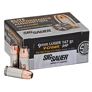 Sig Sauer E9MMA350 Elite Performance 9mmLuger 147gr V-Crown Jacketed Hollow Point 50 Per Box/10 Case
