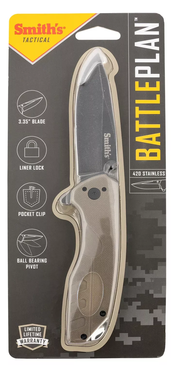Smiths Products BattlePlan 3.35" Folding Drop Point Plain Black Stonewashed 400 SS Blade