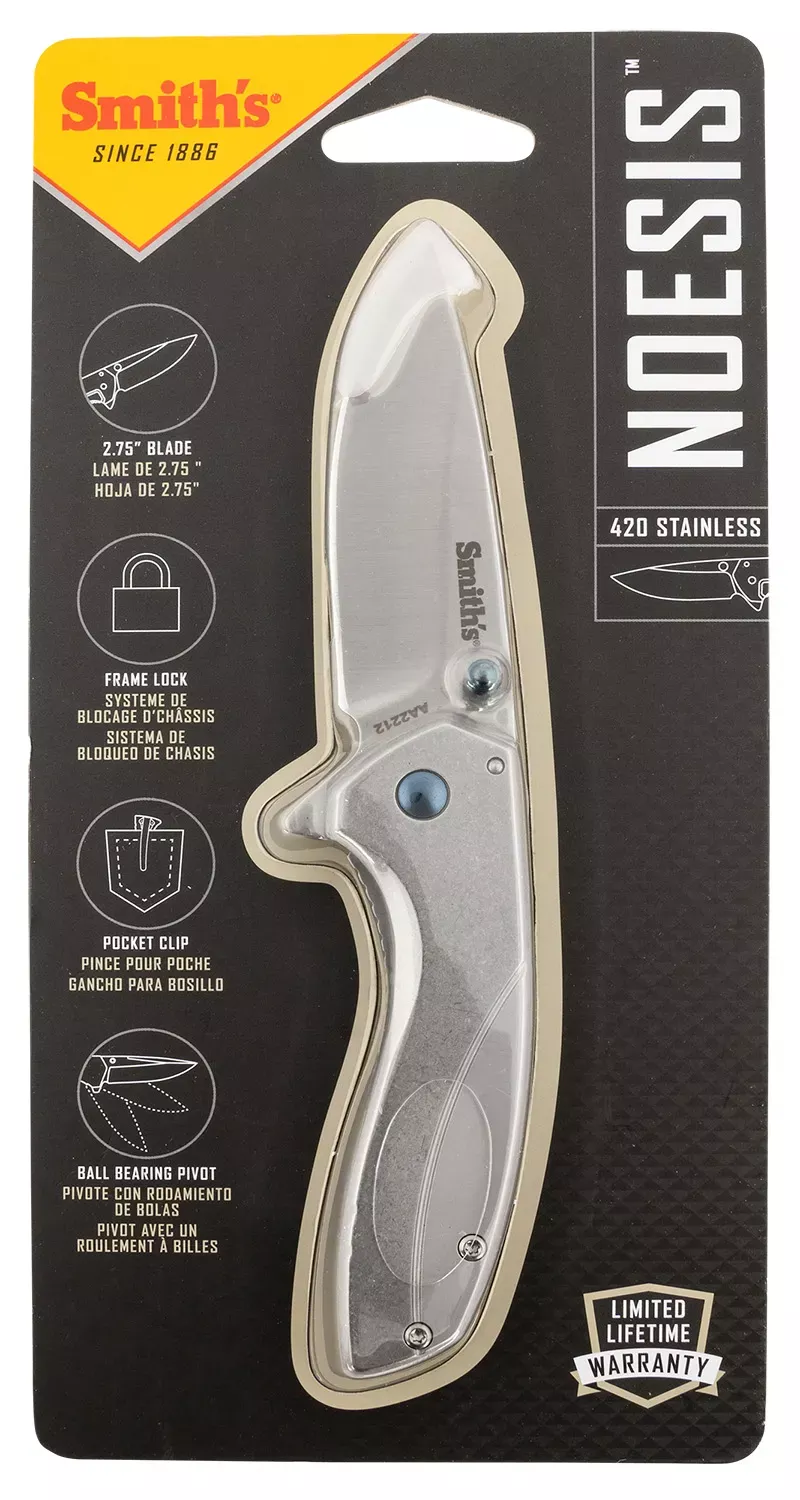 Smiths Products Noesis 2.75″ Folding Drop Point Plain Satin 400 SS Blade Bead Blasted Stainless Steel Handle