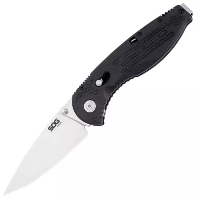 SOG AE01 Aegis Folding Knife Assisted 3.5" Satin Plain Blade Black FRN Handles Piston Lock