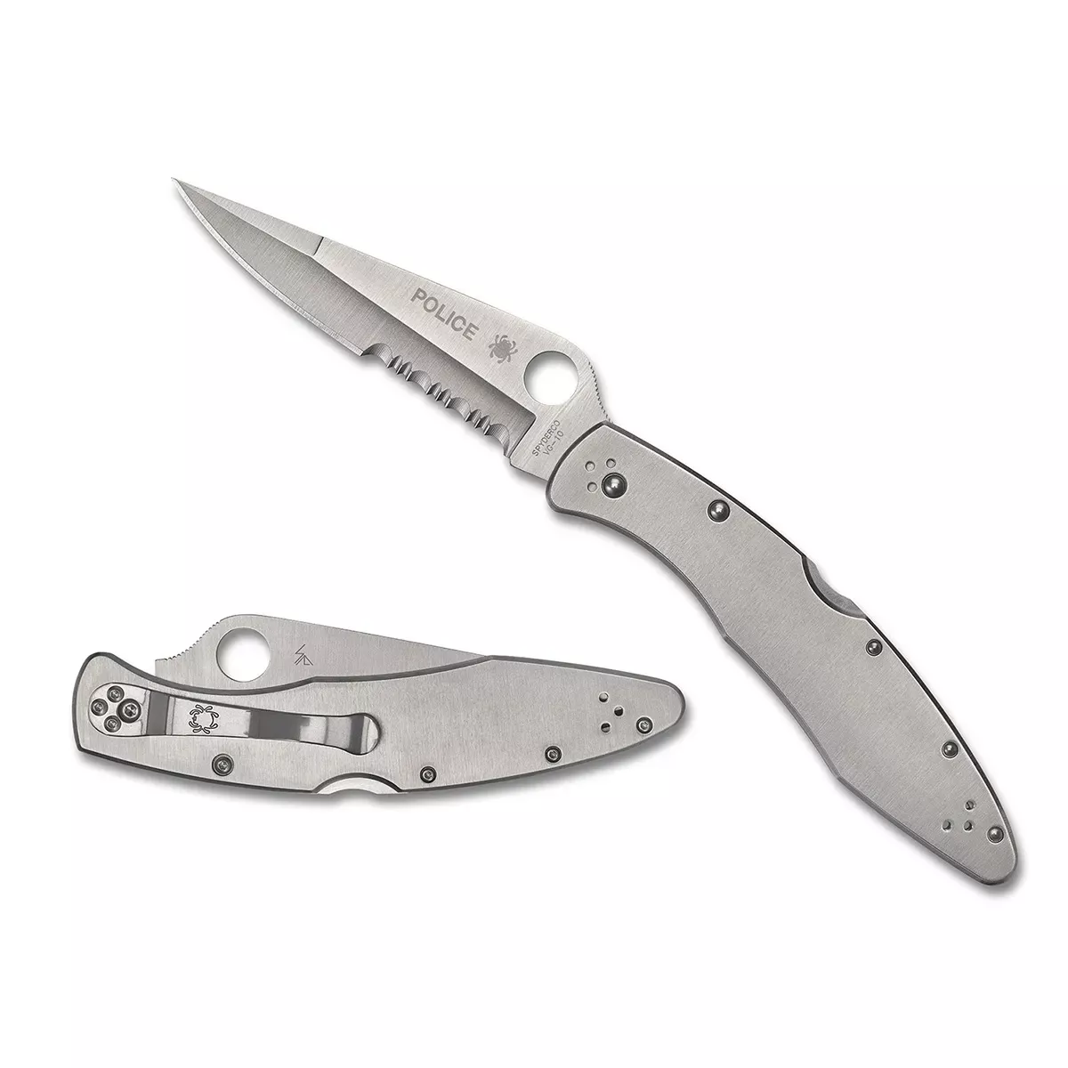 Spyderco Police 4.13″ Folding Plain Satin SS Blade Satin Stainless Steel Handle Includes Pocket Clip