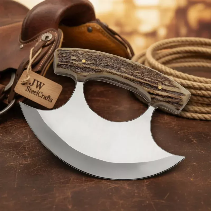 Stag Handle Bering Ulu Knife with High Polish Steel Blade