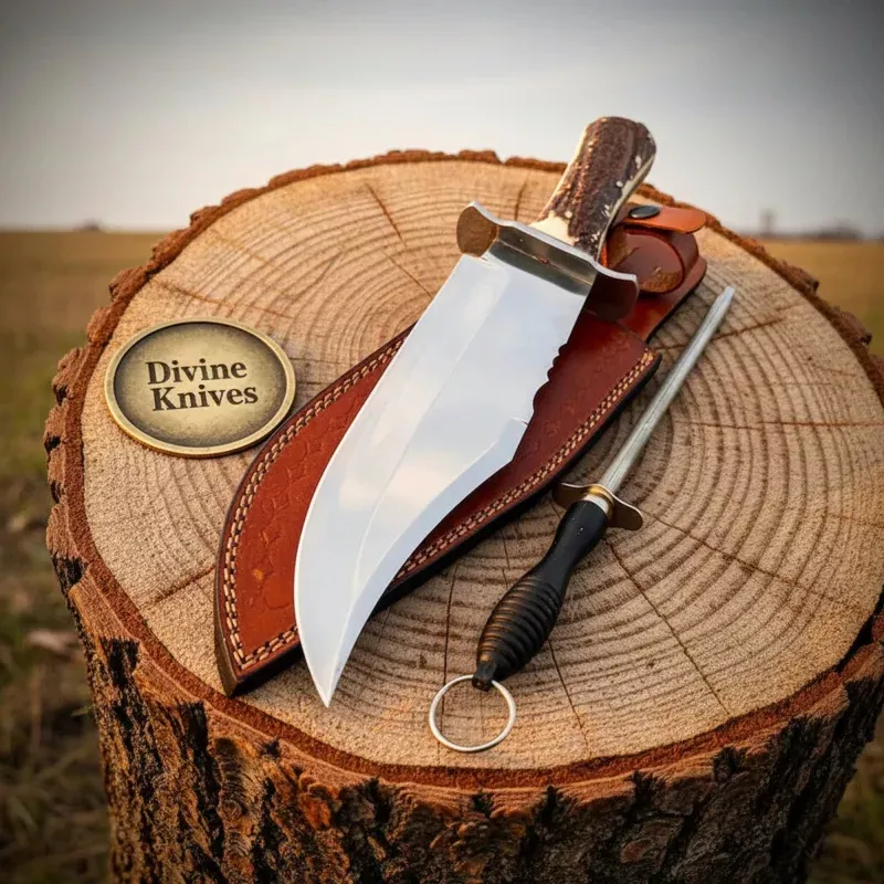 Stag Handle Damascus Knife with Green Stacked HandleHandcrafted Bowie with Leather Sheath