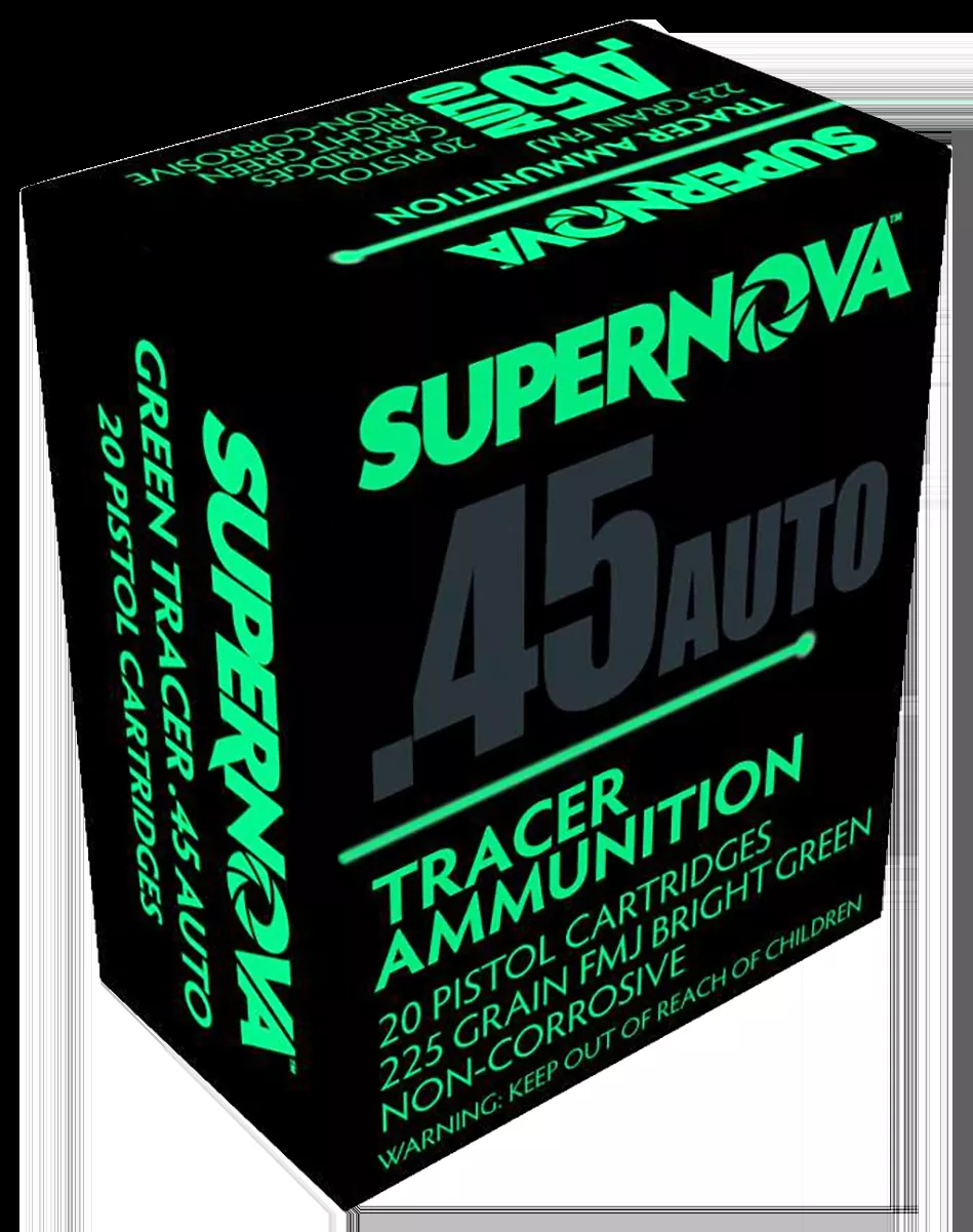Supernova Green Tracer Non Corrosive 45 ACP 225 Gr. FMJ 20/Box