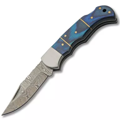 Szco Steel Bolster Blue Wood Folder 3" Damascus Blade