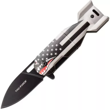 Tac Force TF-1039BFG Linerlock Assisted Opening Folding Knife, 2.25" 3Cr13 Stainless Steel Drop Point Blade, Black & Silver Flag Aluminum Handle w/ WWII Shark Artwork
