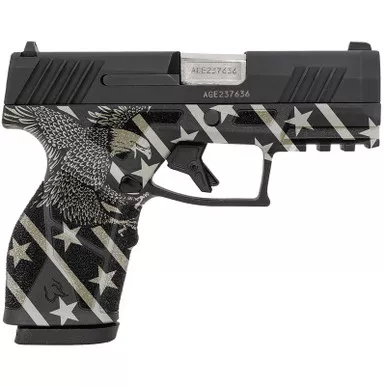 Taurus 1-GX2931-EN1 GX2 Compact Frame 9mm Luger 13+1 3.38" Stainless Steel Barrel, Matte Black Serrated Alloy Steel Slide, Black w/Eagle, Stars & Stripes Polymer Frame w/Accessory Rail