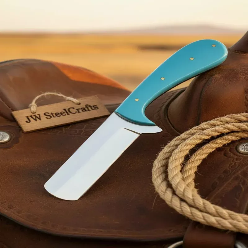 Teal Horn Bull Cutter Knife 9Sheepsfoot Blade Turquoise Handle Hand Tooled Sheath