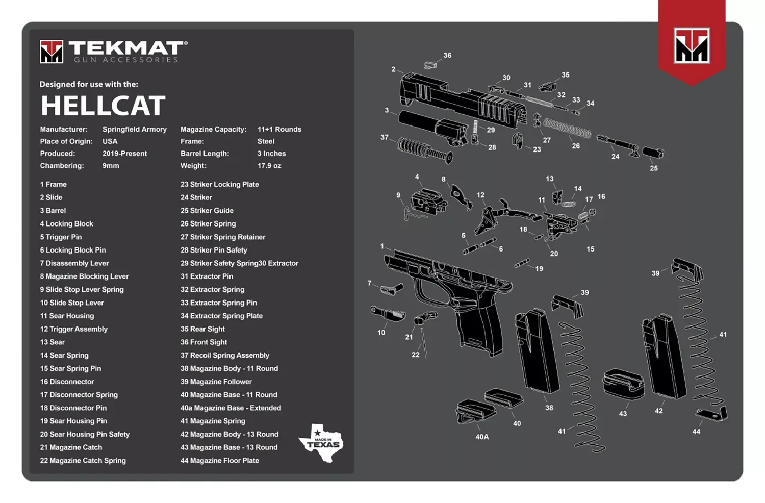 TekMat Springfield Hellcat Parts Diagram Cleaning Mat