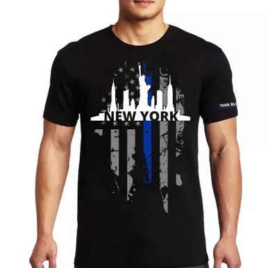Thin Blue Line Men's Large New York City Skyline Short Sleeve T-Shirt, Black